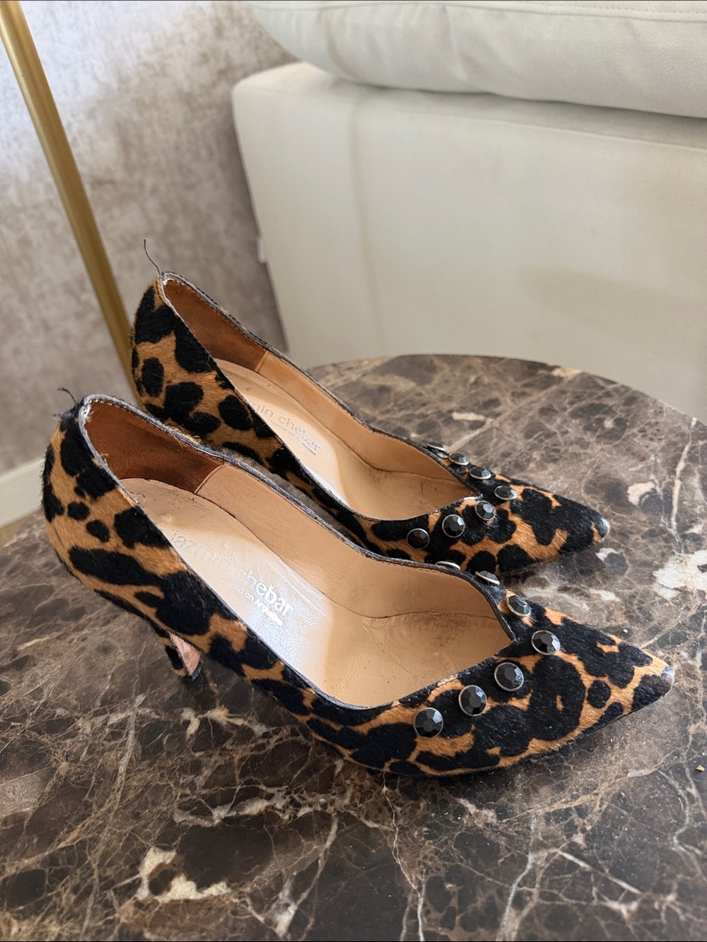 Leopard Print Pointed-Toe Studded Pumps - Brown/Black